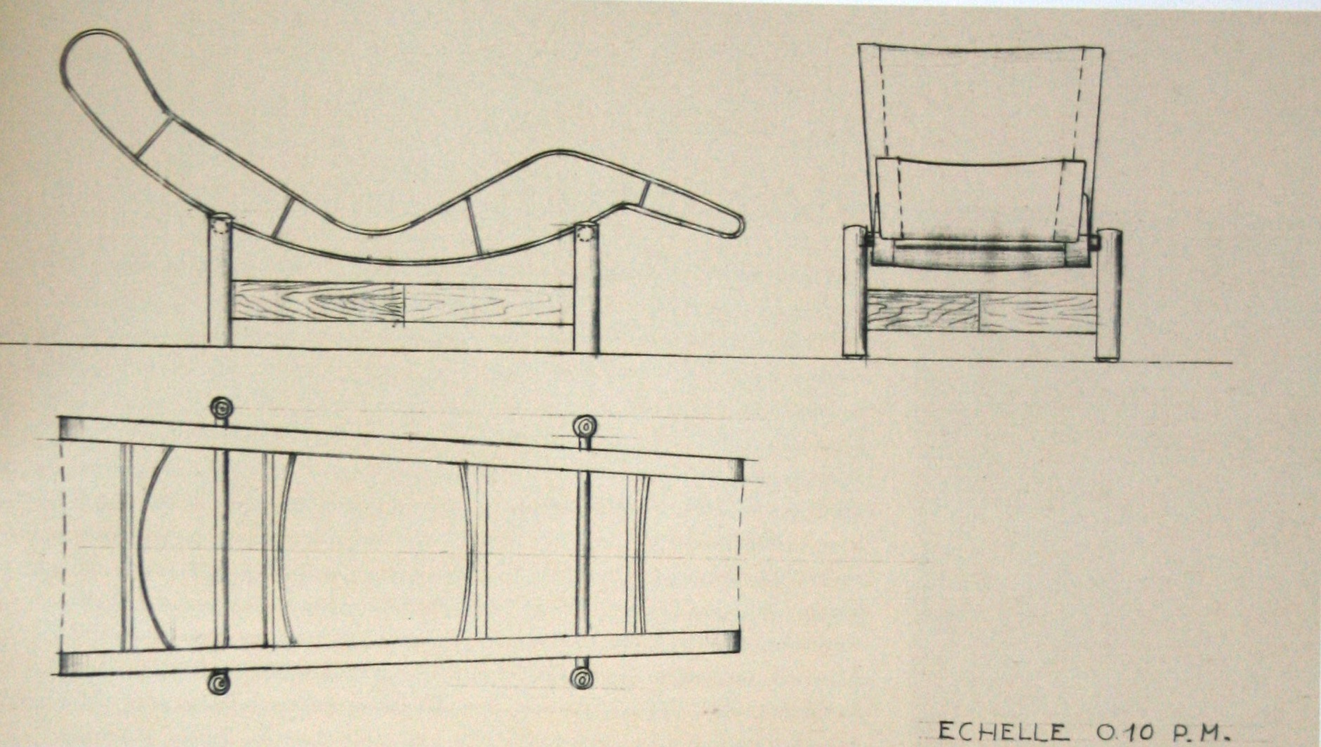 Chaise longue in wood, undated drawing, ca 1937